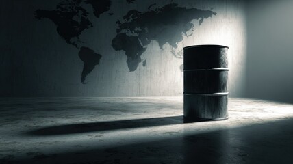 暗い空間に置かれた黒いドラム缶の静かな佇まい。環境問題やエネルギー関連のテーマに適したイメージ素材。