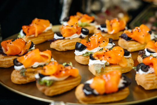Catering platter offering delicious savory smoked salmon eclairs
