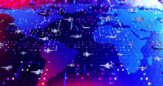 Fighter Jet Formation Over Digital Earth Technology Background. World War Related 3D 4K Animation.