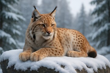 Naklejka premium Eurasian lynx lying quietly on a snow covered rock, observing its surroundings in a freezing winter forest habitat