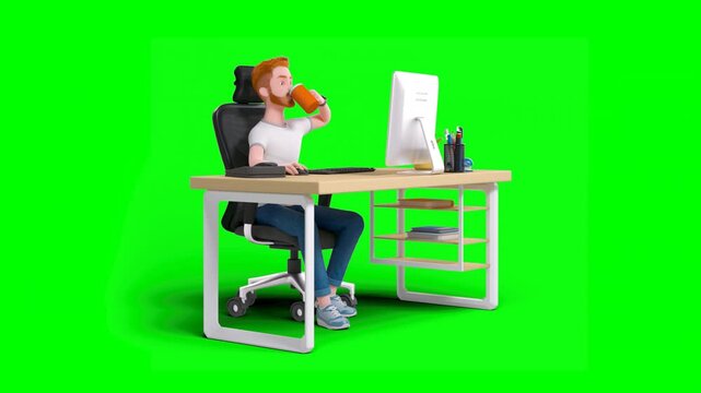 3D Animated Cartoon Man Sitting at Desk Using Computer and Enjoying Cup of Coffee on Green Background