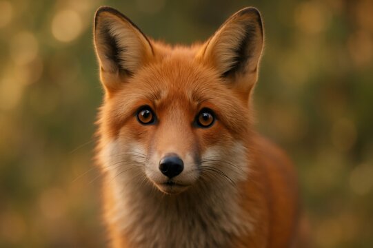 Red fox with orange fur and striking eyes looking forward. Wildlife animal head shot in a natural outdoor environment