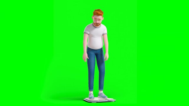 3D Animated Cartoon Overweight Man Standing on Scale Monitoring His Weight and Being Frustrated Checking His Fat Belly. Green Screen.