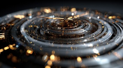 Abstract clock built from data rings, conceptual futuristic art, cool metallic tones, hologram glow, real-time