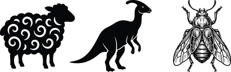 Fototapeta premium Black vector silhouettes and detailed engraving of a curly wool sheep, a prehistoric parasaurolophus dinosaur, and a vintage style fly insect isolated on white background.
