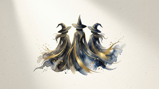 Watercolor illustration of three elegant witches in flowing black and gold gowns, mystical sisterhood with magical atmosphere on textured paper.