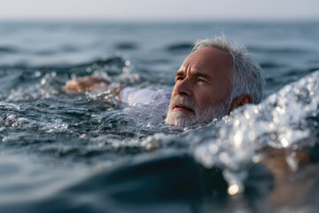 An elderly man swims in a serene ocean, depicting a moment of reflection and tranquility amidst vastness and solitude in the waters of life.