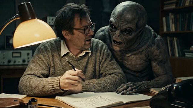 Man and alien creature collaborate on scientific equations at a desk with a lamp, showing an extraterrestrial interaction concept