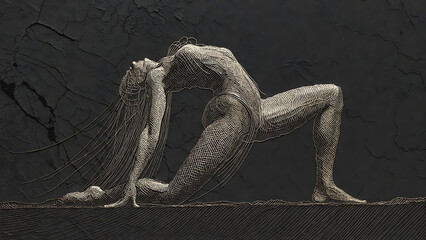 Woman yoga pose line art with intricate patterns on dark background featuring sketch, drawing, illustration with fitness and exercise elements for