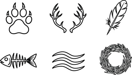 Set of nature wildlife vector icons including animal paw print deer antlers feather fish bone water waves and bird nest silhouette isolated on white background. © MdKhadamul