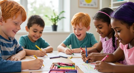 Fototapeta premium Children drawing at table in bright room