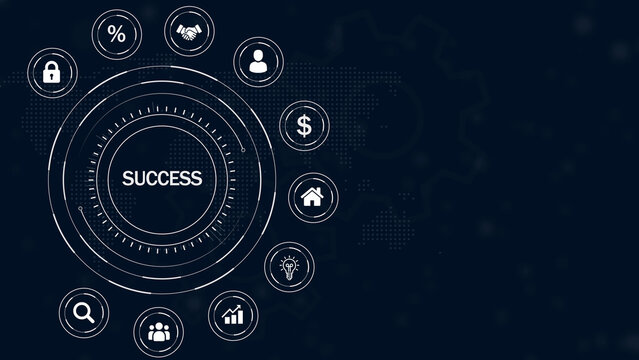 Digital interface with SUCES in the center, surrounded by business on a dark blue textured background Keywords: success, achievement, digital
