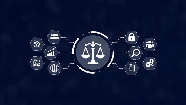 Digital network connecting justice scales with surrounding hexagonal for business and technology concepts on a dark blue background