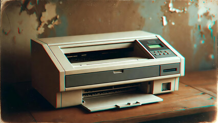 Printer old office model with open paper tray and control panel featuring vintage, retro, beige with electronic device and printing technology