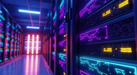 Fototapeta premium Glows of a futuristic server room with rows of glowing computer racks and neon lights