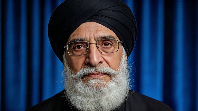 Hombre mayor con barba blanca espesa gafas y turbante negro mirando fijamente a la cámara 