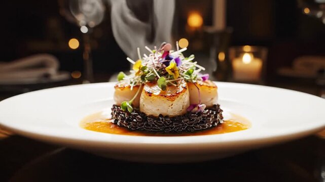 Gourmet seared scallops with forbidden rice, microgreens, and edible flowers