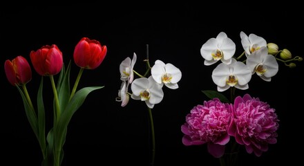 Floral arrangement with various blooms against black background