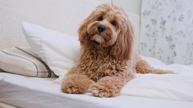 Dog of a Cavapoo or Goldendoodle breed in home on the white bed. Close-up of curly brown dog cross between a poodle and a spaniel.