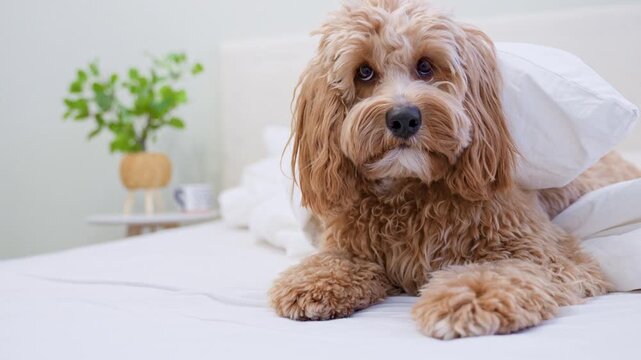 Dog of a Cavapoo or Goldendoodle breed in home on the white bed. Close-up of curly brown dog cross between a poodle and a spaniel.