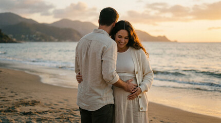 Expecting couple embracing on the beach during sunset  