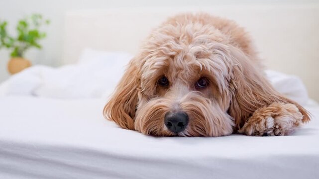 Dog of a Cavapoo or Goldendoodle breed in home on the white bed. Close-up of curly brown dog cross between a poodle and a spaniel.