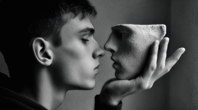 Black and white portrait of a young man facing a stone mask in an intimate gesture. Concept of ego death, identity crisis and self reflection exploring inner transformation and personal awakening.