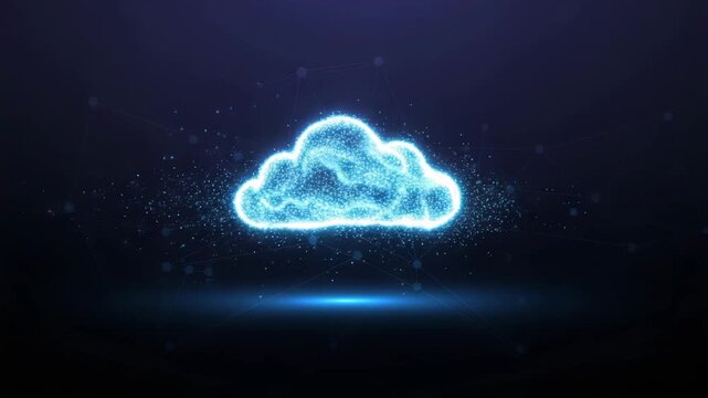 Glowing digital cloud formation hovering above a flat surface set against a dark blue background for IT service branding.