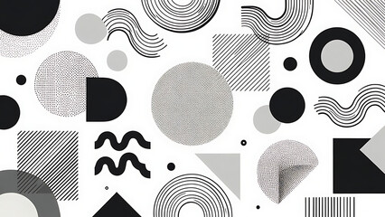 Shapes abstract geometric pattern with black and gray circles, halftone dots, wavy lines, and minimal Memphis style background