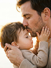 Tender moment between father and son with sunset background  
