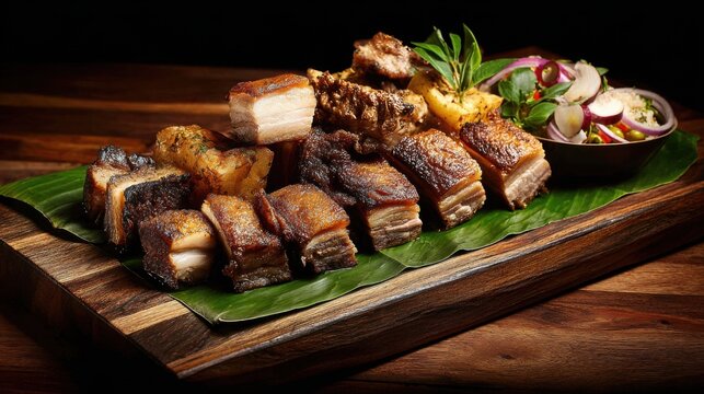 Artfully arranged roasted babi guling suckling pig served on banana leaves with fresh garnishes