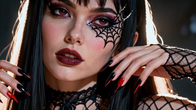 Mujer con maquillaje de araña negra sobre su ojo y uñas de estilete largas 