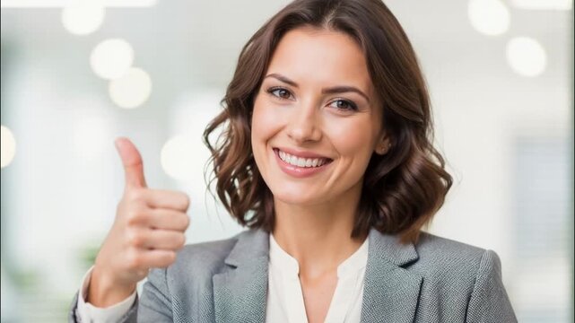 Professional businesswoman giving a thumb up in an office. Smiling corporate woman showing approval gesture. Success and agreement concept