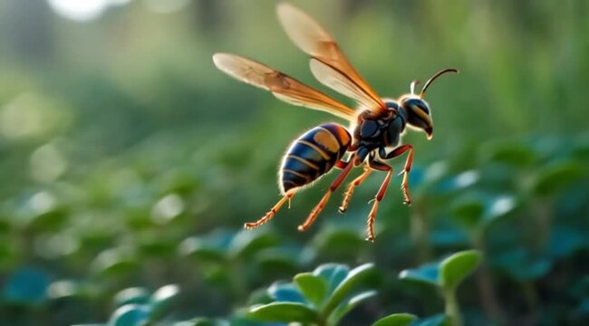 a macro photography concept featuring a wasp or hornet in mid-flight above a lush green garden.