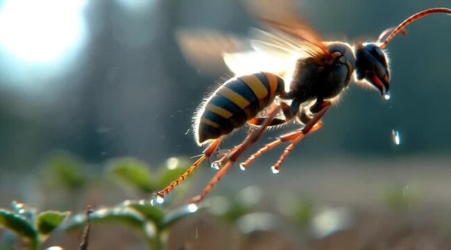 a macro photography concept featuring a wasp or hornet in mid-flight above a lush green garden.