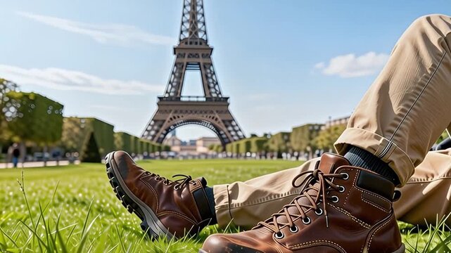  Persona descansando en el césped verde de París con el calzado en primer plano y la Torre Eiffel al fondo