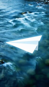Paper airplane soaring over a rushing river a symbol of freedom dreams and adventure evoking feelings of hope and limitless possibilities in a dynamic natural setting
