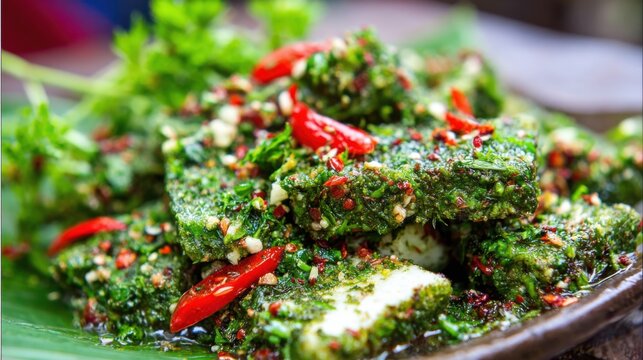 Generous serving of steamed Pepes Tahu tofu with fresh herbs and chili slices, a flavorful Asian delicacy.