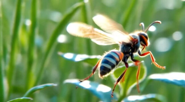a macro photography concept featuring a wasp or hornet in mid-flight above a lush green garden.