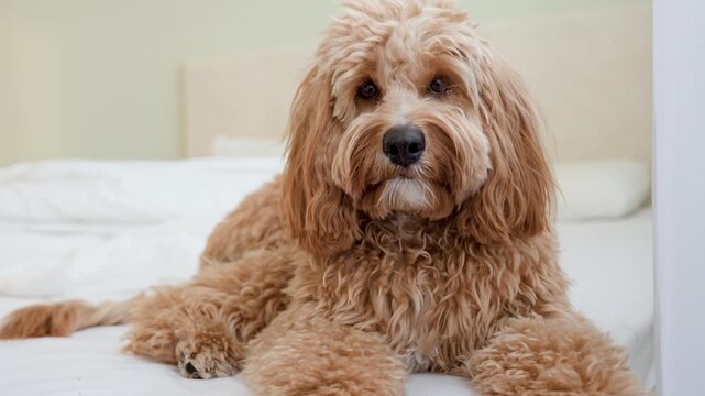 Dog of a Cavapoo or Goldendoodle breed in home on the white bed. Close-up of curly brown dog cross between a poodle and a spaniel.