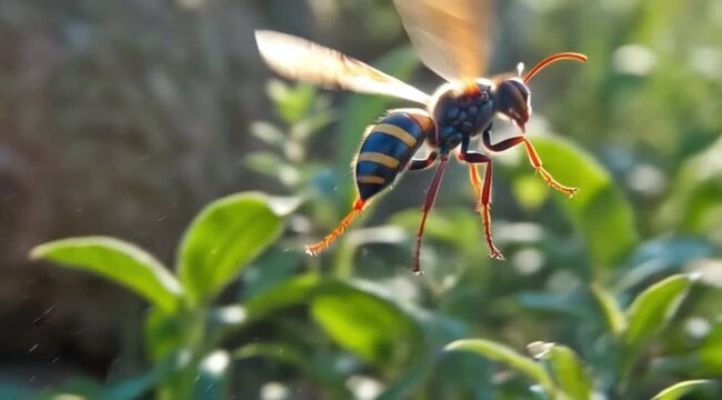 a macro photography concept featuring a wasp or hornet in mid-flight above a lush green garden.