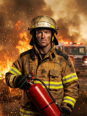 Firefighter holding a fire extinguisher while standing amidst flames  