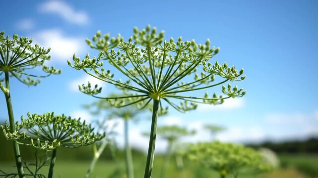 Closeup of a dill flower umbel against a bright blue sky with fluffy white clouds showcasing its delicate green structure and natural beauty in a field.