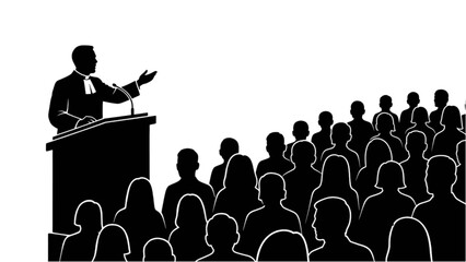 A man stands at a podium addressing a crowded audience from a raised platform in a conference hall © Stock Image Paradise
