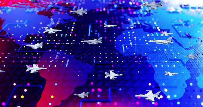 Military Air Operations Displayed On Digital Global Map. World War Related 3D 4K Animation.