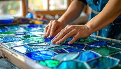 Obraz premium Person Creates Stained Glass Artwork in Workshop Setting