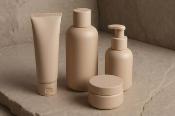 Nude colored skincare bottles, tubes, and jars displaying on an earthy concrete surface, creating a clean beauty and wellness concept