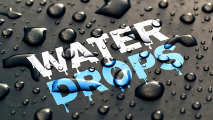 Water drops on black surface with blue accents and reflective droplets featuring liquid, wet, shiny with texture and background elements for design,