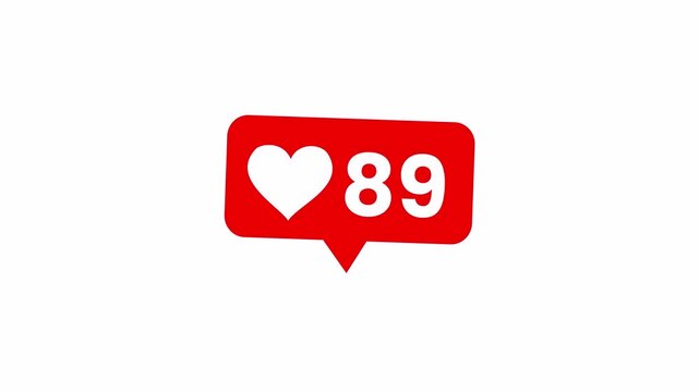 Red social media like notification bubble with heart and number counter in flat design 2D vector style. UI interaction element for mobile app animation and motion graphics.