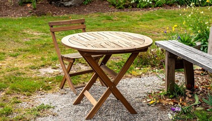 Fototapeta premium Outdoor garden scene with round wooden table, folding chair, and bench on gravel, surrounded by grass and flowers, peaceful backyard dining ambiance.